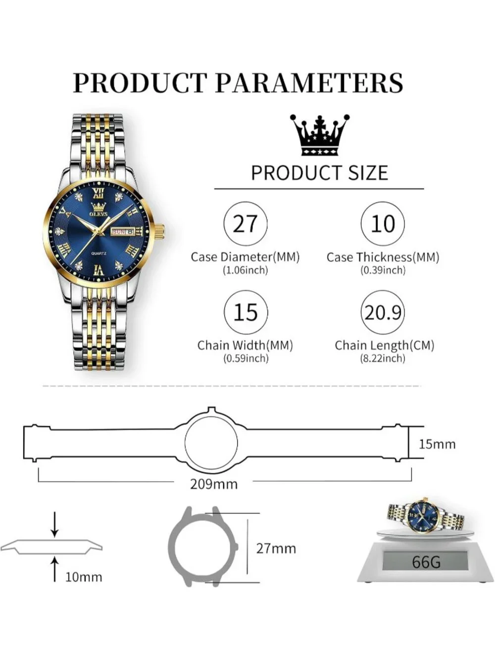 Women's Gold Silver And Blue Analog Quartz Waterproof Stainless Steel Band Watch